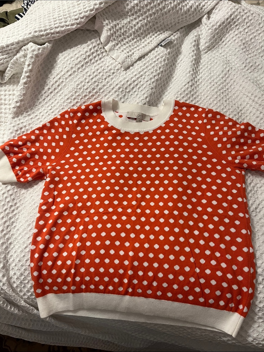 LOFT Orange and White Polka Dot Short Sleeve Sweater